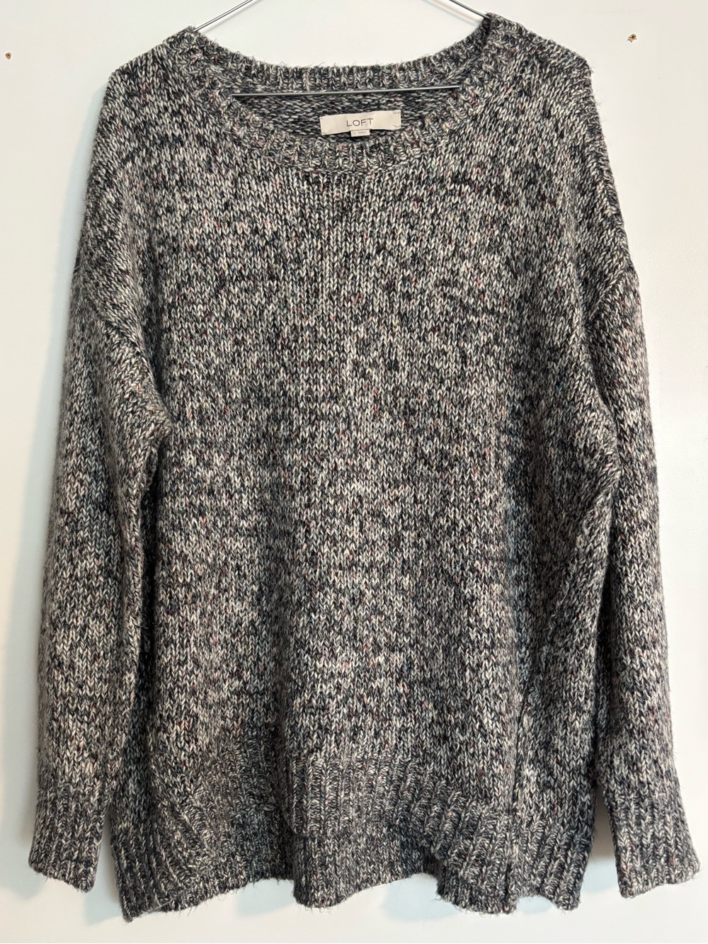 LOFT Marled Gray Crewneck Knit Sweater Large Soft Cozy Layer